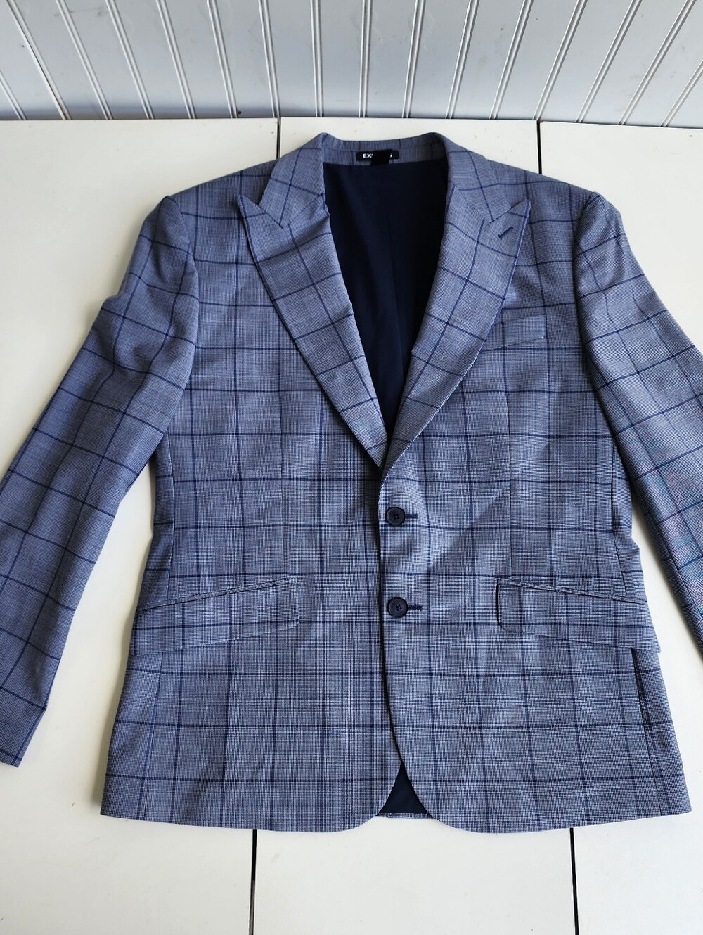 NWOT EXPRESS BLUE EXTRA SLIM WINDOWPANE WOOL BLEND MODERN TECH SUIT JACKET 42S